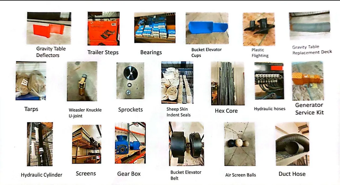 Photo board of parts in stock, including deflectors, bearings, sprockets, screens, hoses and belts